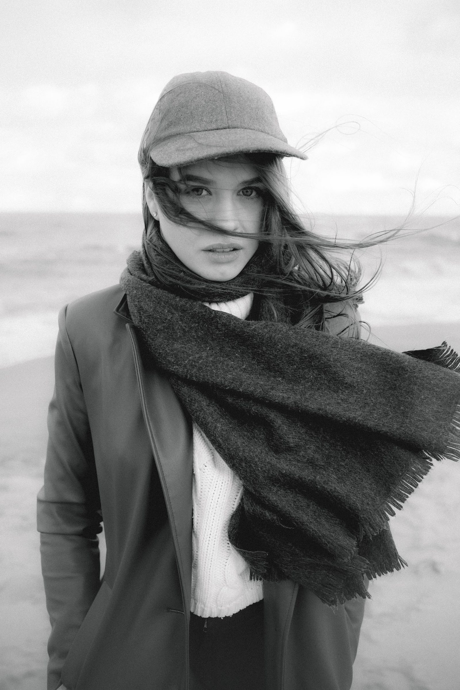 Black and white portrait with a wool scarf